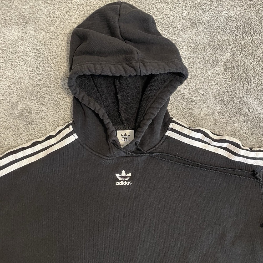 Adidas Hoodie Women's XS Black Three Stripe Sleeve Cropped Pullover Activewear - Picture 2 of 8